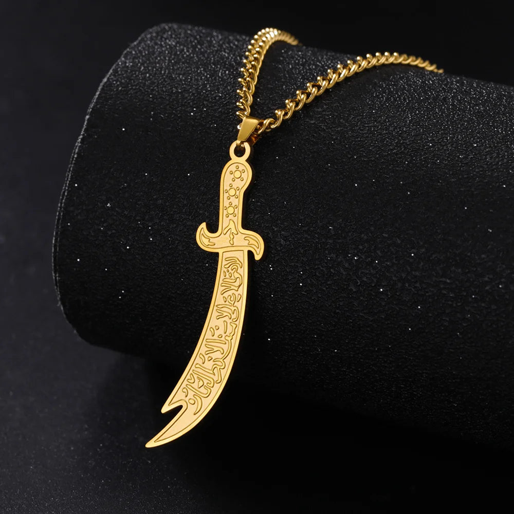 Islamic Imam Ali Zulfiqar Sword Pendant Necklace Stainless Steel Arabic Calligraphy Muslim Necklaces Religious Jewelry