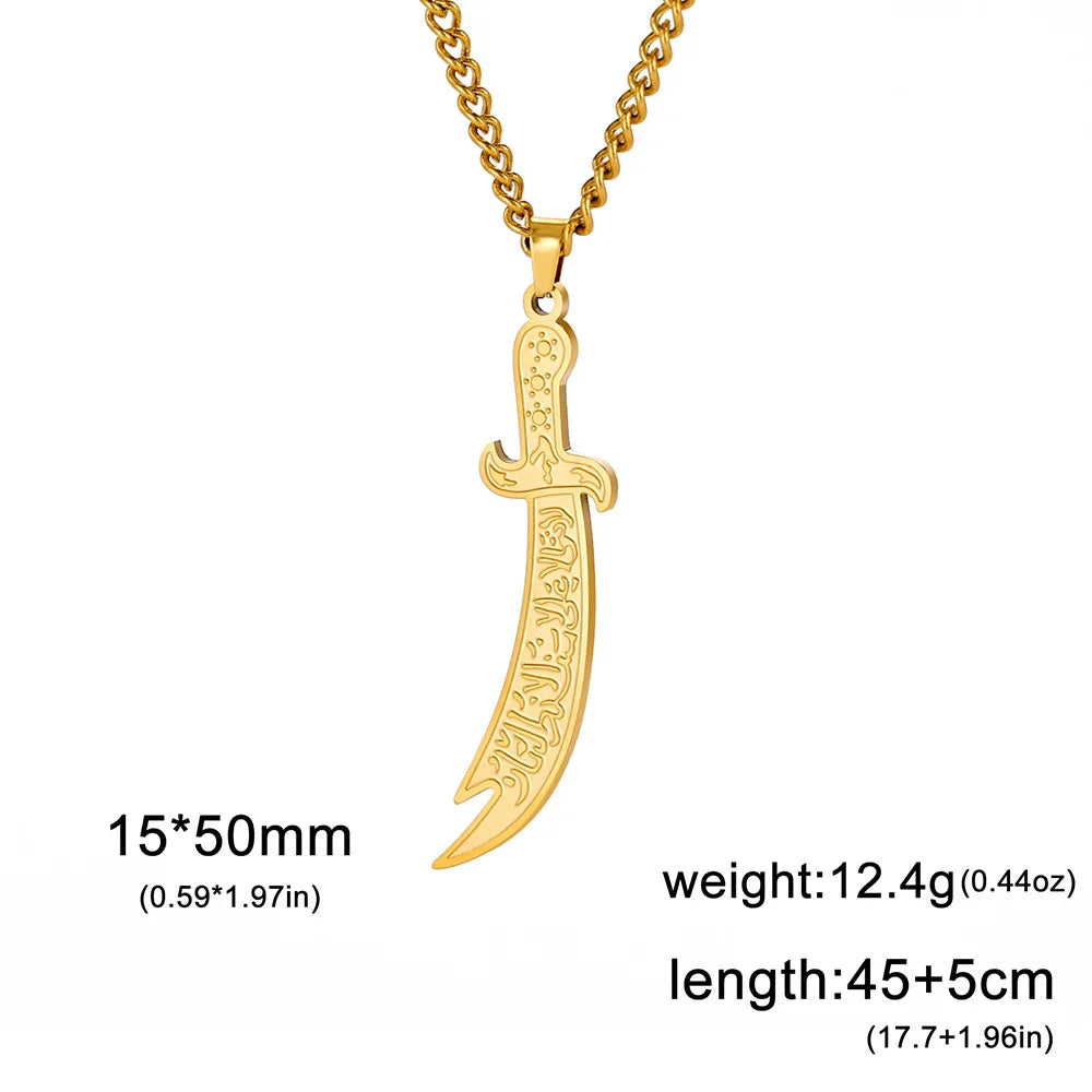 Islamic Imam Ali Zulfiqar Sword Pendant Necklace Stainless Steel Arabic Calligraphy Muslim Necklaces Religious Jewelry