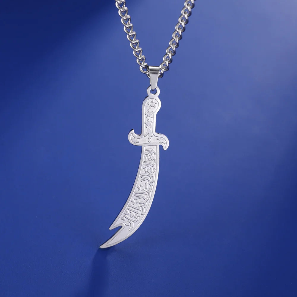 Islamic Imam Ali Zulfiqar Sword Pendant Necklace Stainless Steel Arabic Calligraphy Muslim Necklaces Religious Jewelry